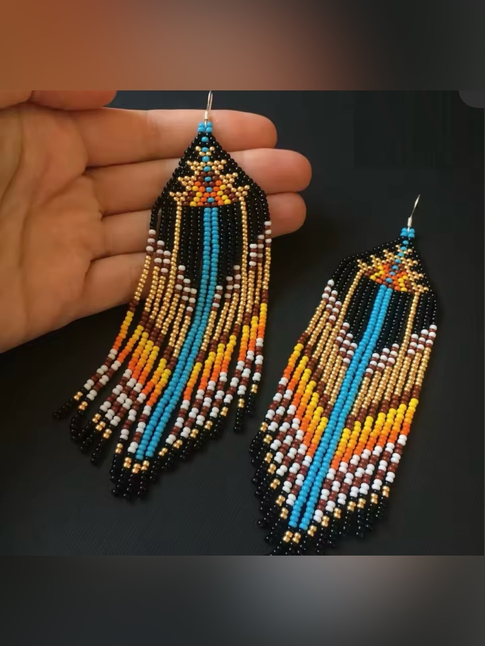 Multicolor Seed Bead Fringe Earrings - Black & Turquoise